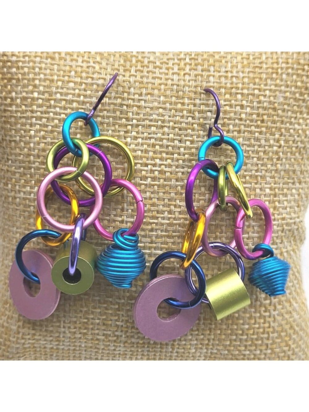 RAD VTG Anodized Aluminum Earrings Dangle Sexy Boho Colorful Rings Unsigned 80s